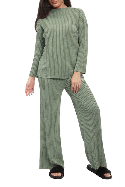 Ladies Chunky Knitted Ribbed Polo High Neck Top Leggings Loungewear
