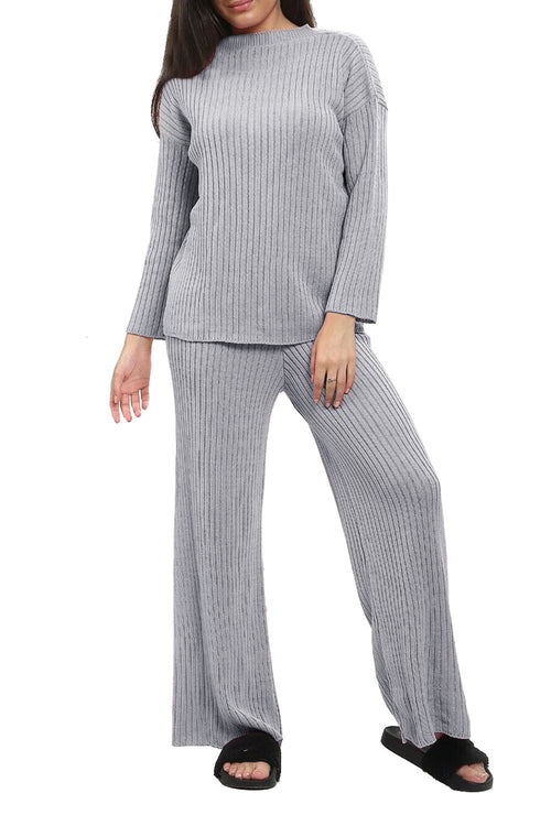Ladies Chunky Knitted Ribbed Polo High Neck Top Leggings Loungewear