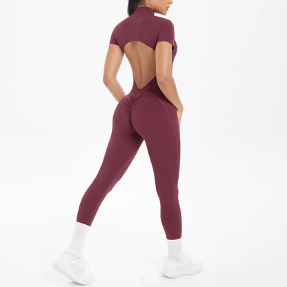 Short Sleeved Fitness Jumpsuit for Woman Bodysuits Backless Solid