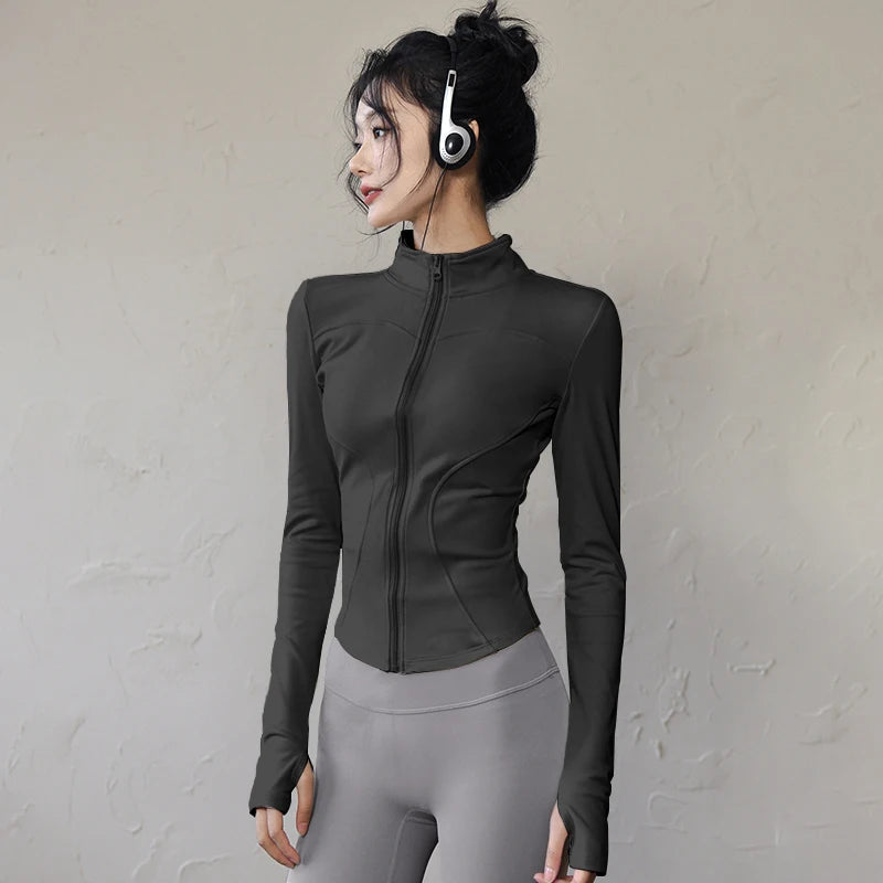 Long Sleeve Sports Jacket Women Zip Fitness Yoga Shirt Winter Warm Gym