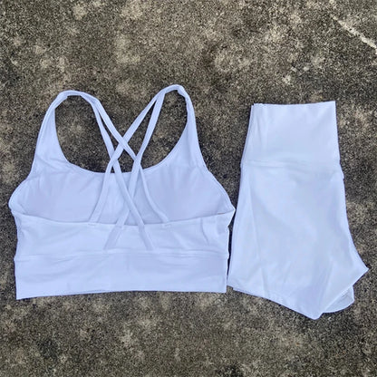 Yoga Clothes Set 2 Piece Gym Sports Shorts Set Women Cross Back Bra