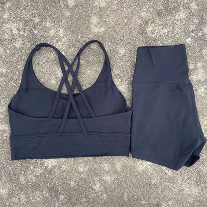 Yoga Clothes Set 2 Piece Gym Sports Shorts Set Women Cross Back Bra