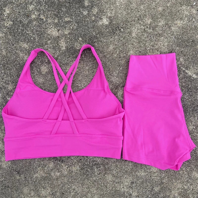 Yoga Clothes Set 2 Piece Gym Sports Shorts Set Women Cross Back Bra