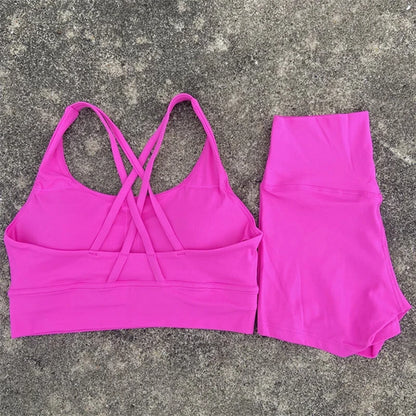 Yoga Clothes Set 2 Piece Gym Sports Shorts Set Women Cross Back Bra