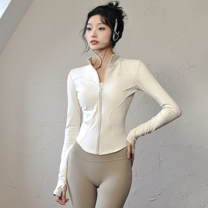 Long Sleeve Sports Jacket Women Zip Fitness Yoga Shirt Winter Warm Gym