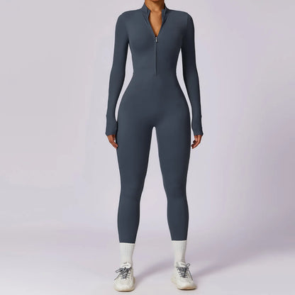 Women Yoga Jumpsuit Fitness Sports Suit Zipper Elastic One-Piece
