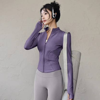 Long Sleeve Sports Jacket Women Zip Fitness Yoga Shirt Winter Warm Gym