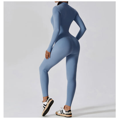 Women Yoga Jumpsuit Fitness Sports Suit Zipper Elastic One-Piece