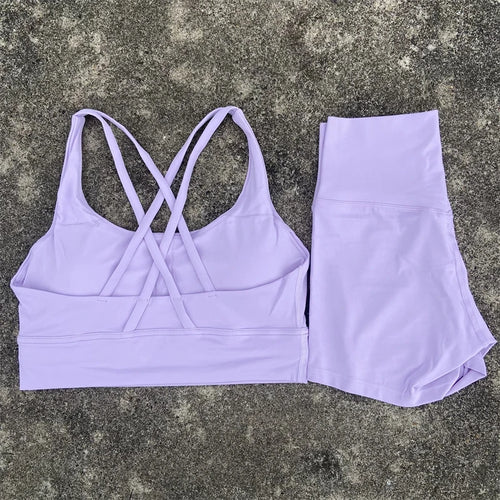 Yoga Clothes Set 2 Piece Gym Sports Shorts Set Women Cross Back Bra
