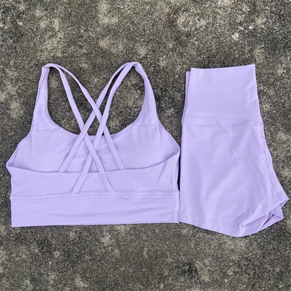 Yoga Clothes Set 2 Piece Gym Sports Shorts Set Women Cross Back Bra