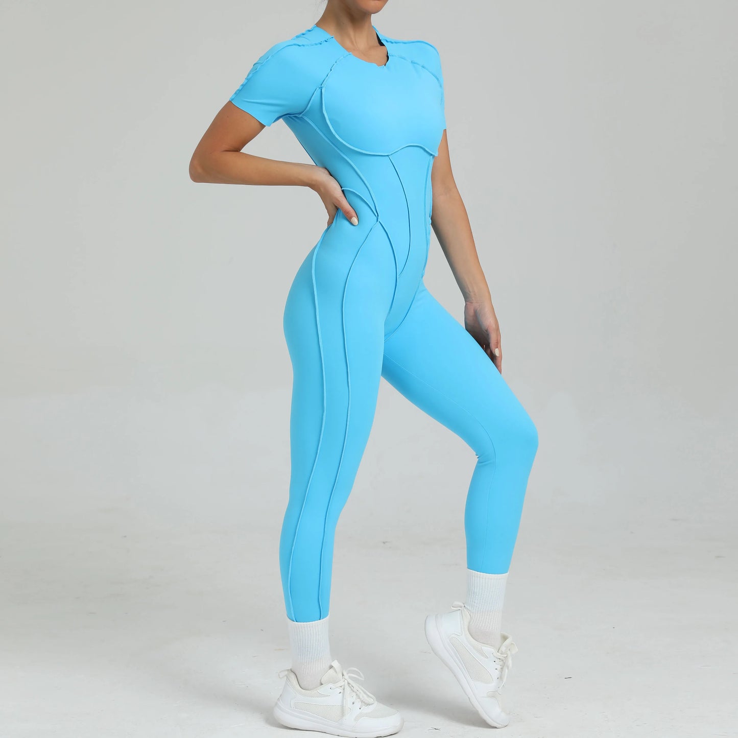 Women's One-Piece Suit Zipper Short Sleeve Gym Push Up Workout Clothes