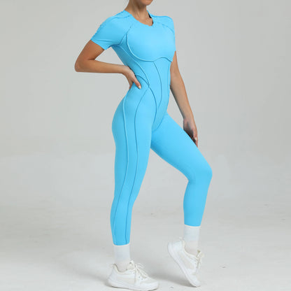 Women's One-Piece Suit Zipper Short Sleeve Gym Push Up Workout Clothes