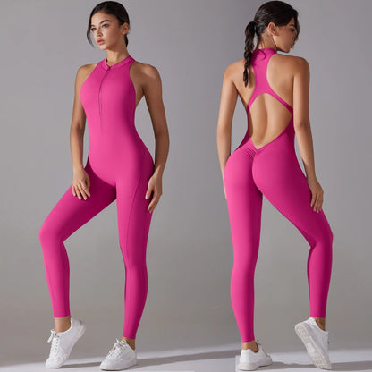 Sexy Hollow Backless Scrunch Sporty Jumpsuit Raises Butt Woman Gym Set