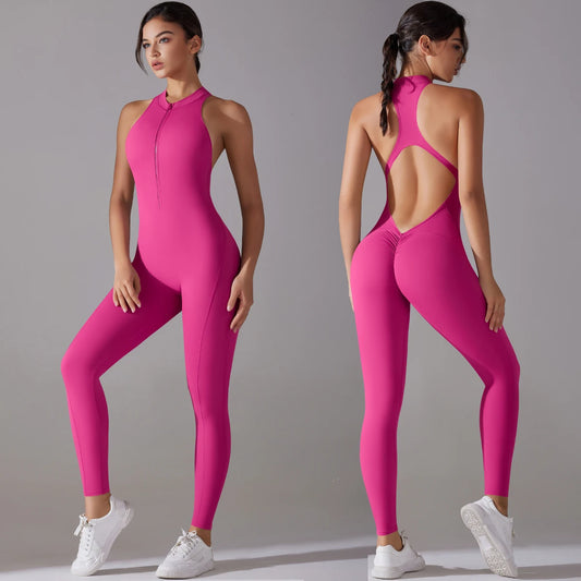 Sexy Hollow Backless Scrunch Sporty Jumpsuit Raises Butt Woman Gym Set