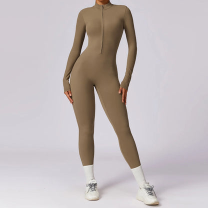 Women Yoga Jumpsuit Fitness Sports Suit Zipper Elastic One-Piece