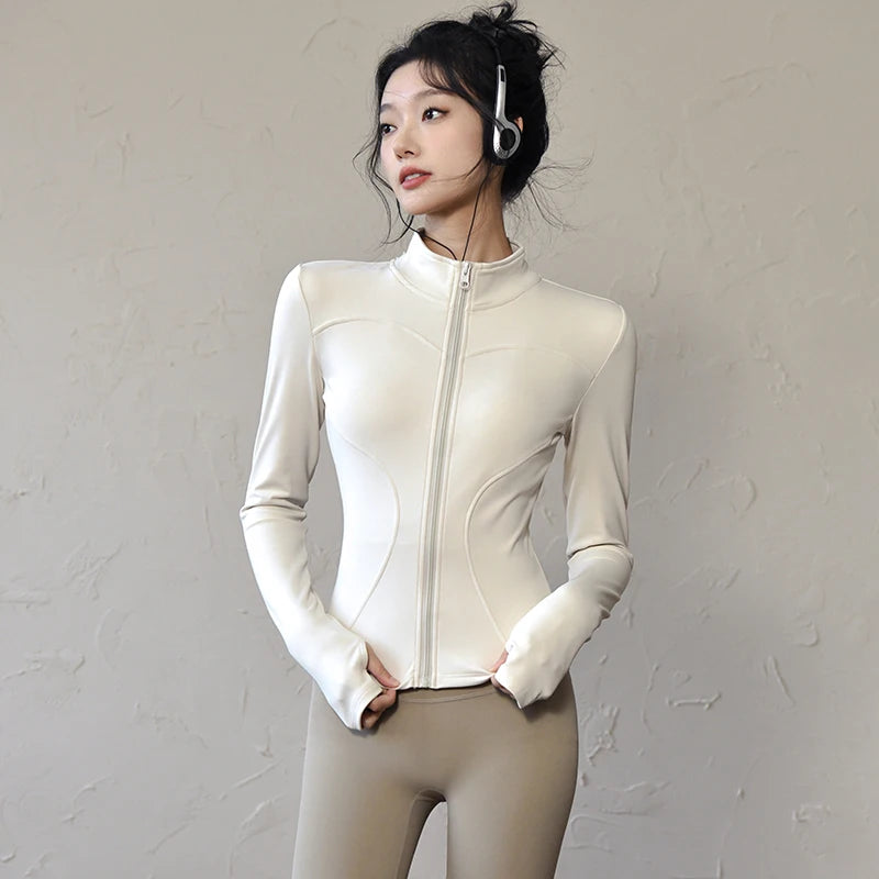 Long Sleeve Sports Jacket Women Zip Fitness Yoga Shirt Winter Warm Gym
