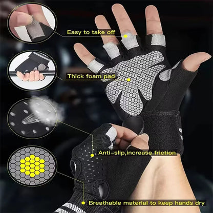 1Pair Half Finger Gym Fitness Gloves for Men & Women with Wrist Wrap