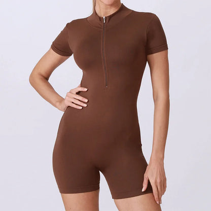 Summer Short Sleeve Zipper Jumpsuit Sports Wear Gym Fitness Sports