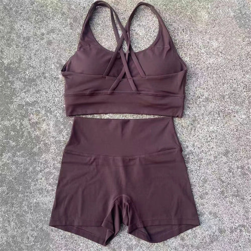 Yoga Clothes Set 2 Piece Gym Sports Shorts Set Women Cross Back Bra