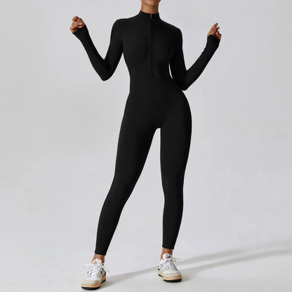 Women Yoga Jumpsuit Fitness Sports Suit Zipper Elastic One-Piece