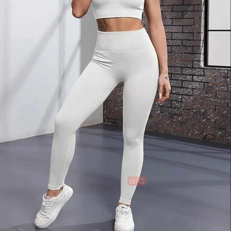 Thread Solid Leggings Women Seamless Knit Yoga Pants High Waist Hip