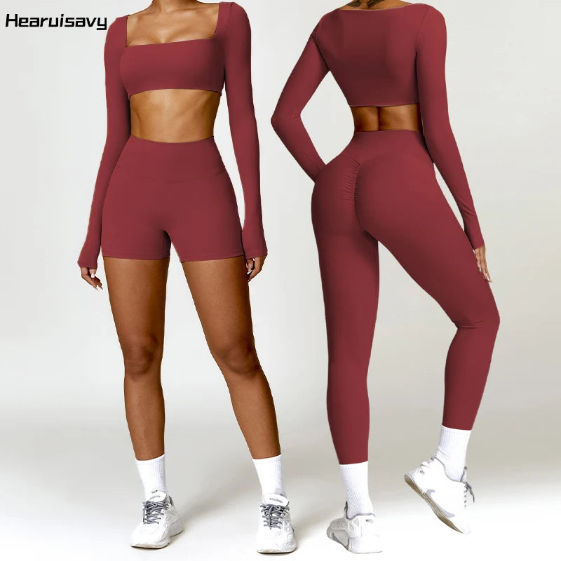 Hearuisavy 2PCS Long Sleeve Gym Set Women Yoga Clothes Quick-Drying