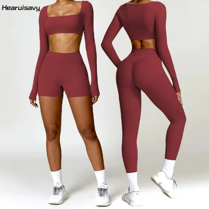 Hearuisavy 2PCS Long Sleeve Gym Set Women Yoga Clothes Quick-Drying
