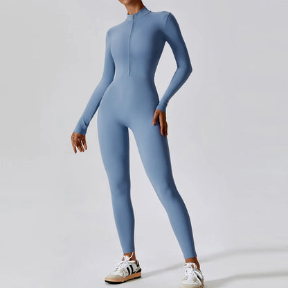 Women Yoga Jumpsuit Fitness Sports Suit Zipper Elastic One-Piece