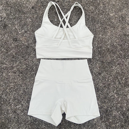 Yoga Clothes Set 2 Piece Gym Sports Shorts Set Women Cross Back Bra