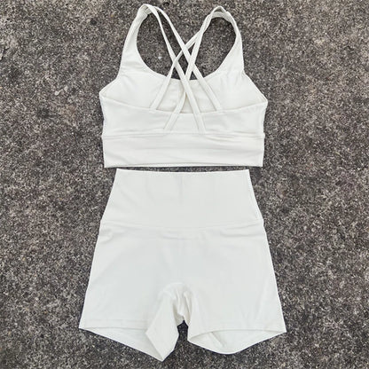 Yoga Clothes Set 2 Piece Gym Sports Shorts Set Women Cross Back Bra