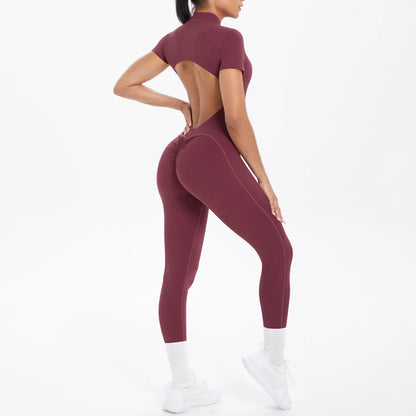 Short Sleeved Fitness Jumpsuit for Woman Bodysuits Backless Solid