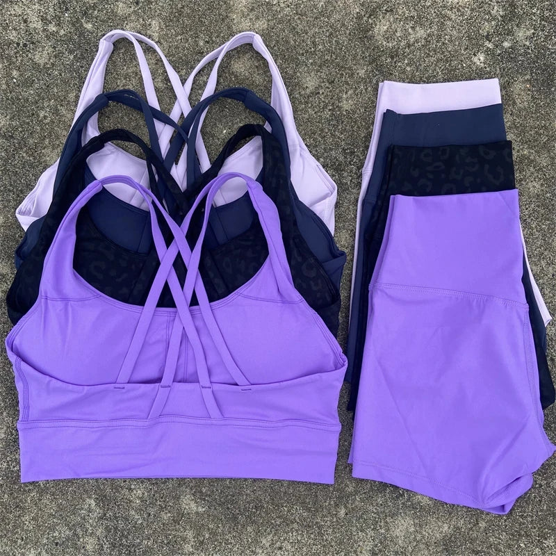 Yoga Clothes Set 2 Piece Gym Sports Shorts Set Women Cross Back Bra