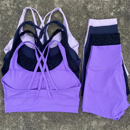 Yoga Clothes Set 2 Piece Gym Sports Shorts Set Women Cross Back Bra