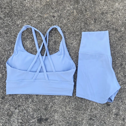 Yoga Clothes Set 2 Piece Gym Sports Shorts Set Women Cross Back Bra