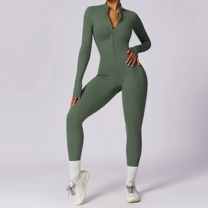 Women Yoga Jumpsuit Fitness Sports Suit Zipper Elastic One-Piece