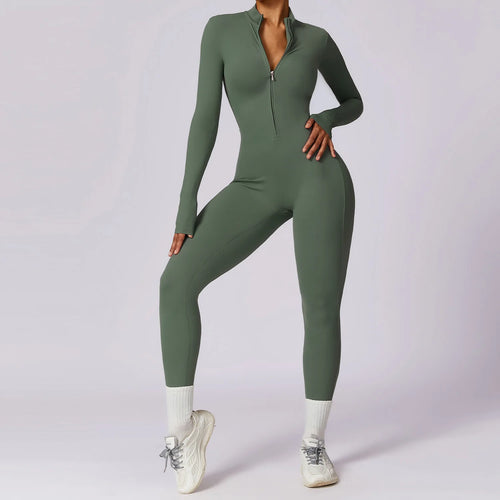 Women Yoga Jumpsuit Fitness Sports Suit Zipper Elastic One-Piece