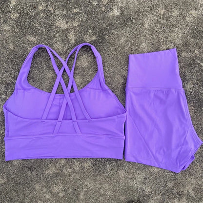Yoga Clothes Set 2 Piece Gym Sports Shorts Set Women Cross Back Bra