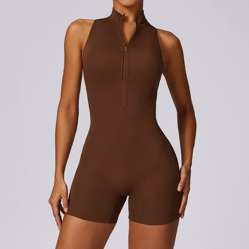 Fitness Yoga Jumpsuit With Zipper Summer Backless Shorts Jumpsuit
