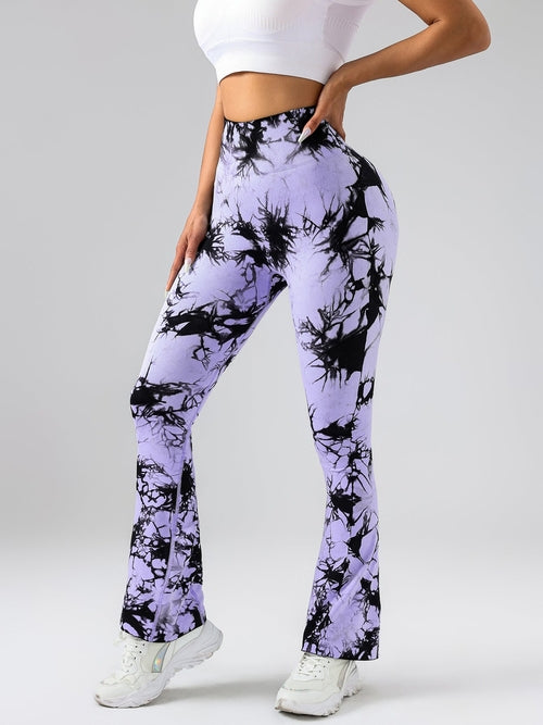 High-Waist Tummy Control Flare Yoga Pants For Women, Tie-Dye Stretch