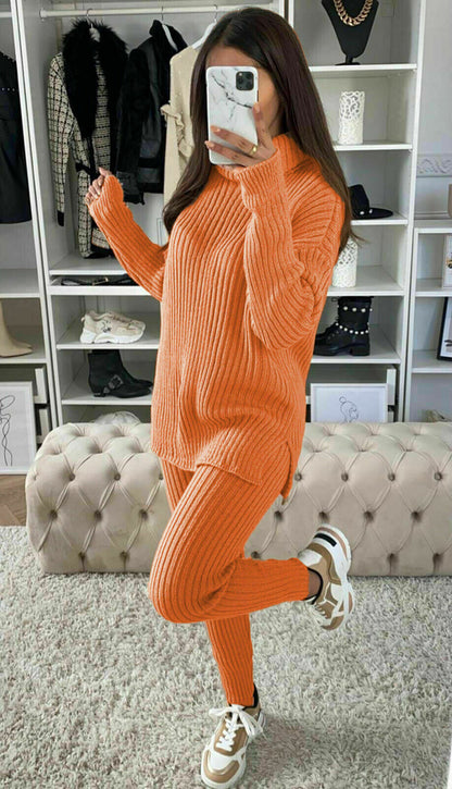 Ladies Chunky Knitted Ribbed Polo High Neck Top Leggings Loungewear
