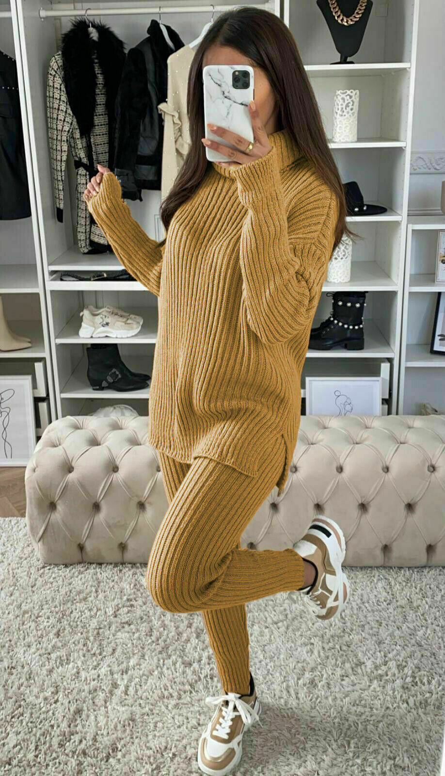 Ladies Chunky Knitted Ribbed Polo High Neck Top Leggings Loungewear