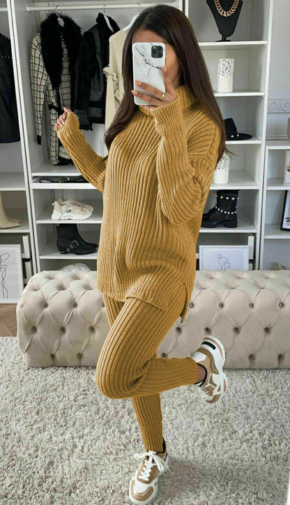 Ladies Chunky Knitted Ribbed Polo High Neck Top Leggings Loungewear