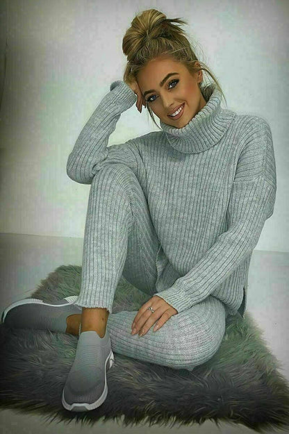 Ladies Chunky Knitted Ribbed Polo High Neck Top Leggings Loungewear