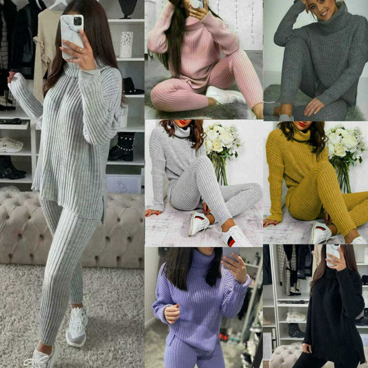 Ladies Chunky Knitted Ribbed Polo High Neck Top Leggings Loungewear