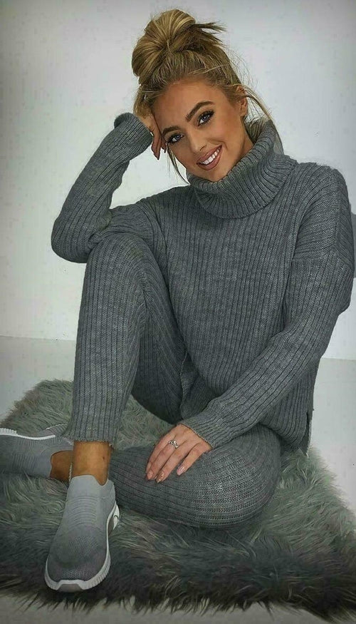 Ladies Chunky Knitted Ribbed Polo High Neck Top Leggings Loungewear