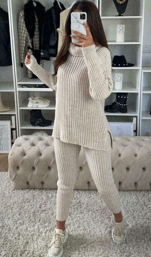 Ladies Chunky Knitted Ribbed Polo High Neck Top Leggings Loungewear