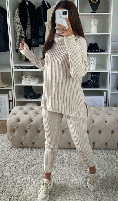 Ladies Chunky Knitted Ribbed Polo High Neck Top Leggings Loungewear